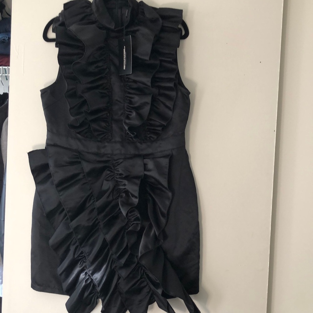PrettyLittleThing Black Ruffle Satin Mini Dress